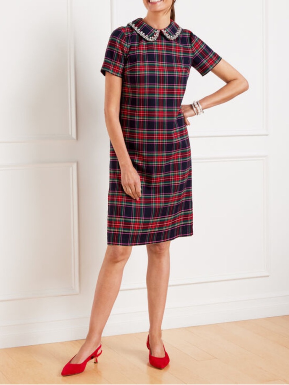 Talbots Red and Black Plaid Shift Dress, Size 8P